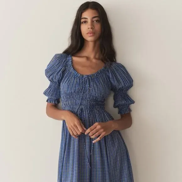 NWT Doen Ischia Cotton Voile Smocked Midi Maxi Dress Cassis Check Blue Plaid - Picture 5 of 16